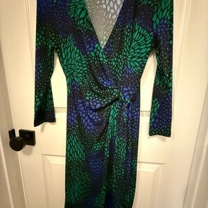 Anne Klein V-Neck Green and Blue Long Sleeve Dress